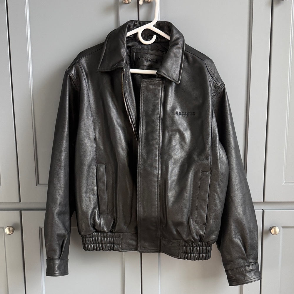 Men's Black Leather Bomber Jacket